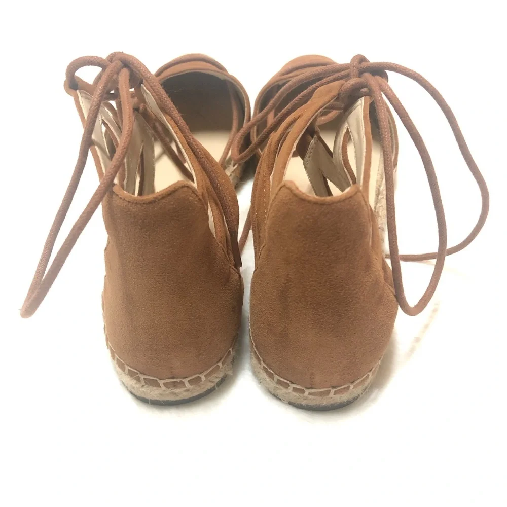 Marc Fisher Suede Lace Up Espadrille Sandals Camel Brown Ankle Tie Size 8.5
